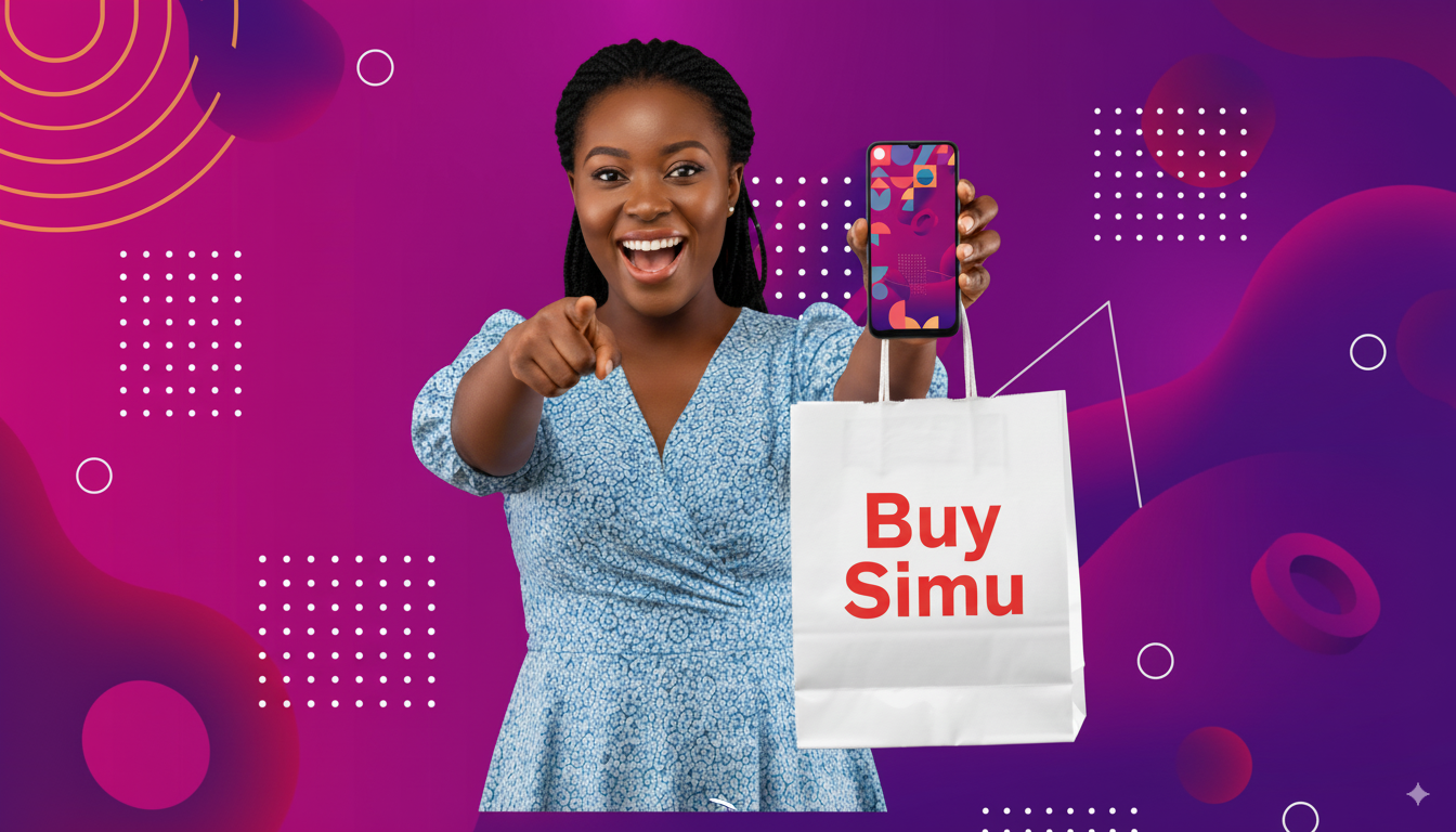 Happy customer holding phone and BuySimu shopping bag
